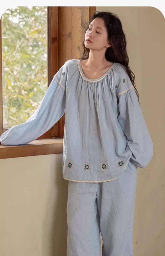 Sky Blue Women Pyjamas Organic Gauze Cotton Lightweight Soft Sleepwear Casual Loungewear Set with Embroidery or Ruffle Top Soft Summer PJs