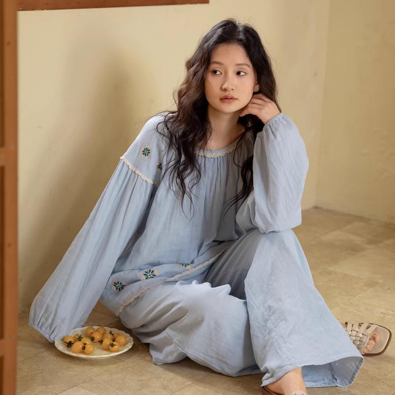 Sky Blue Women Pyjamas Organic Gauze Cotton Lightweight Soft Sleepwear Casual Loungewear Set with Embroidery or Ruffle Top Soft Summer PJs