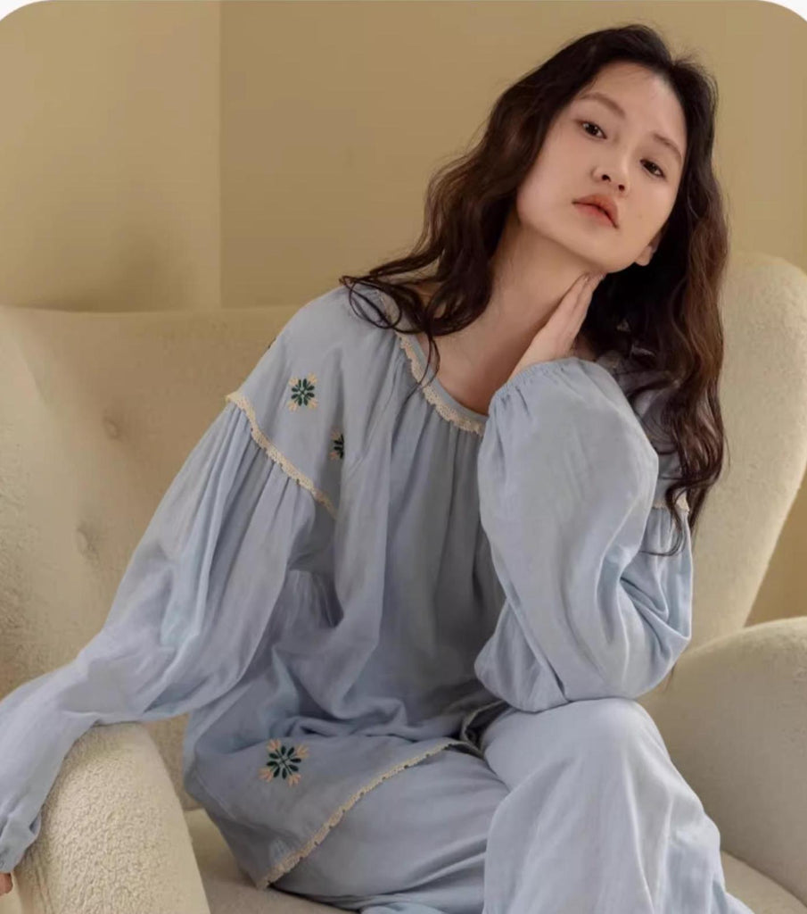 Sky Blue Women Pyjamas Organic Gauze Cotton Lightweight Soft Sleepwear Casual Loungewear Set with Embroidery or Ruffle Top Soft Summer PJs