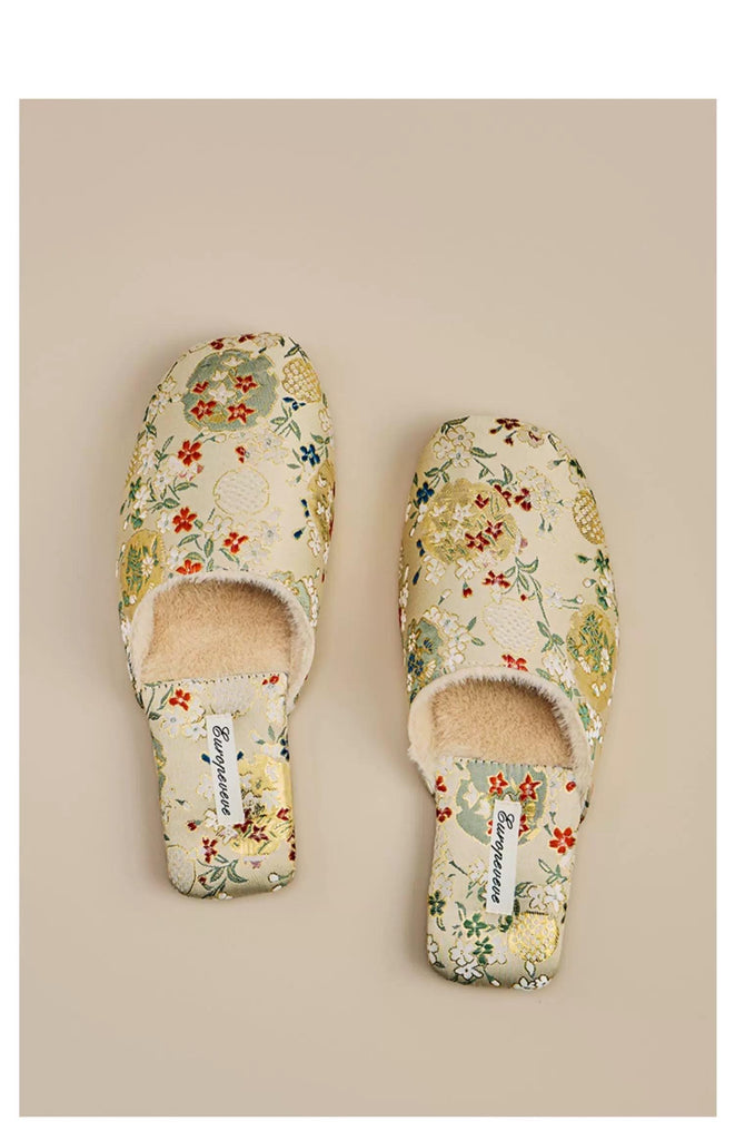 Embroidered Slippers for Women Open Toed Bamboo Footwear with Traditional Chinese Floral Designs Kimono Slippers Housewarming Gift