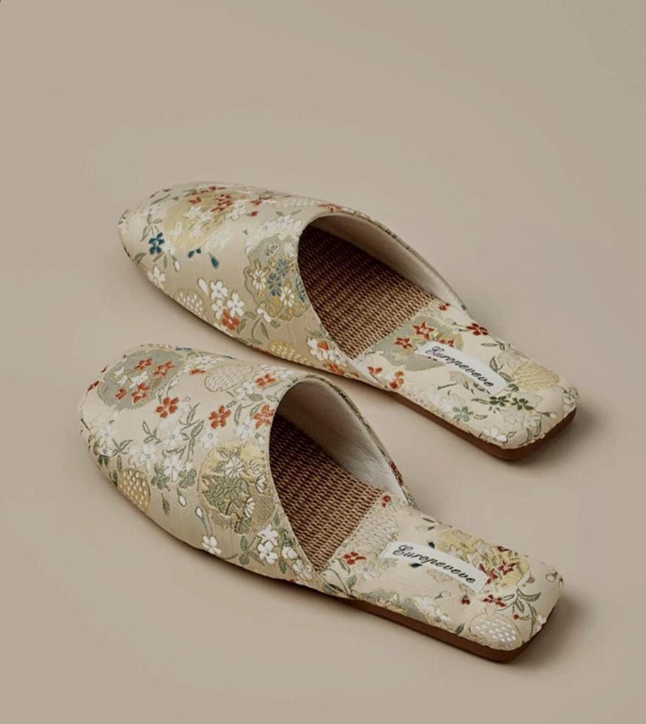 Embroidered Slippers for Women Open Toed Bamboo Footwear with Traditional Chinese Floral Designs Kimono Slippers Housewarming Gift