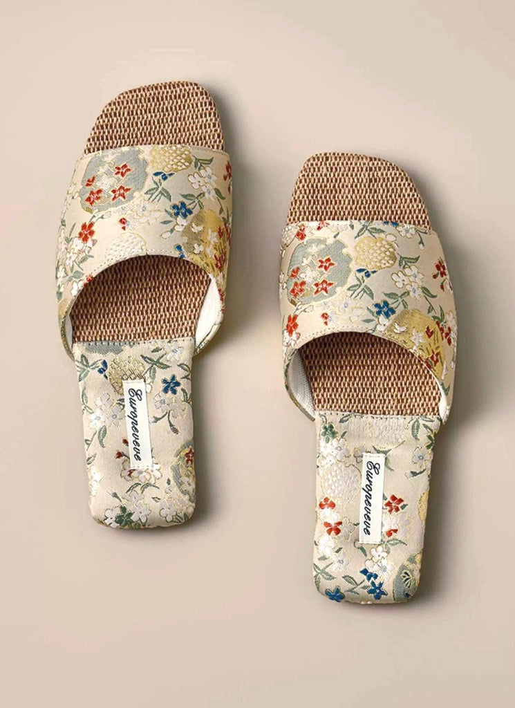 Embroidered Slippers for Women Open Toed Bamboo Footwear with Traditional Chinese Floral Designs Kimono Slippers Housewarming Gift