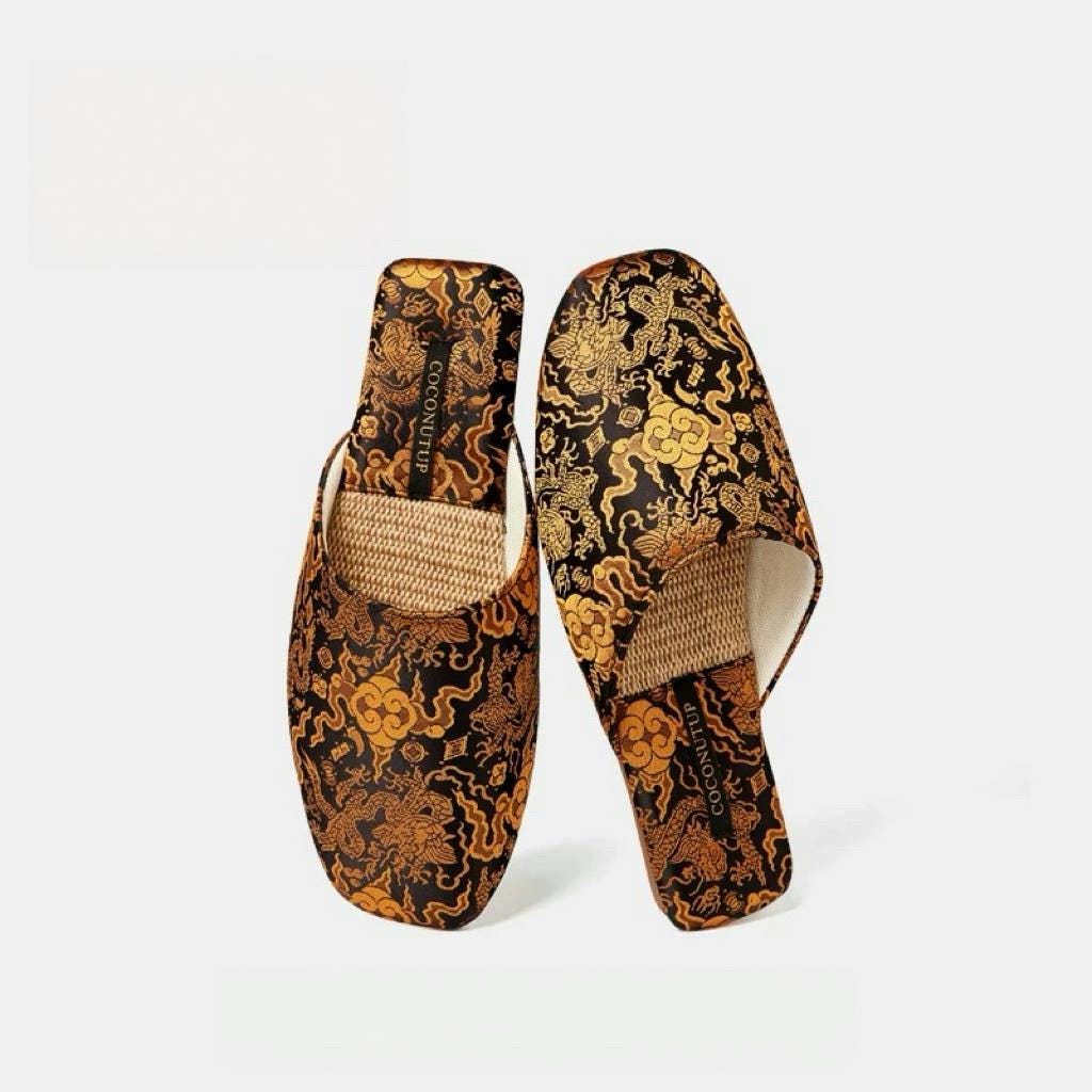 Dragon Embroidery Slippers for Men and Women Oversized Indoor Slippers for Summer Slip On Mule with Oriental Dragon Footwear Gift for Father