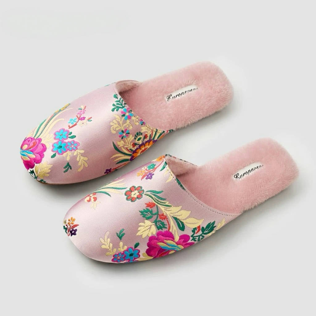 Oriental Embroidered Women's Slippers Winter Indoor House Pink