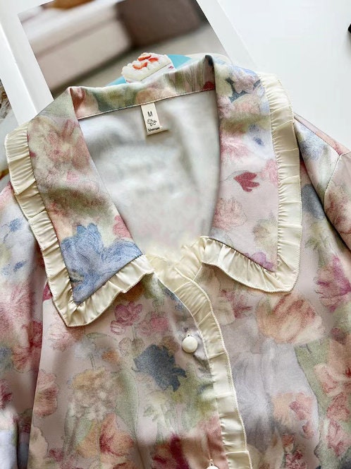 Floral Silk Pyjamas with Bow Eye Mask - Long Sleeve Oil Painting Style Ice Silk Pyjamas - Birthday Gift for Women Summer Pyjamas