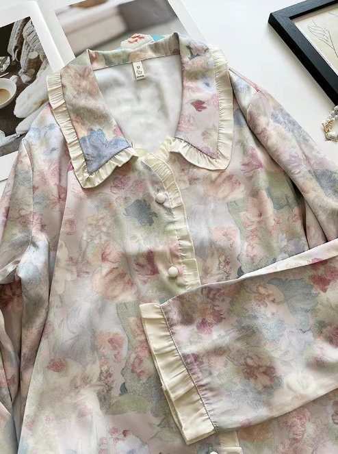 Floral Silk Pyjamas with Bow Eye Mask - Long Sleeve Oil Painting Style Ice Silk Pyjamas - Birthday Gift for Women Summer Pyjamas