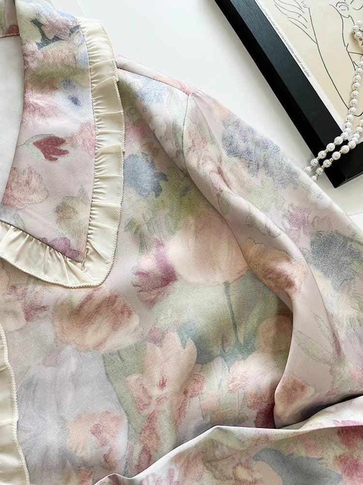 Floral Silk Pyjamas with Bow Eye Mask - Long Sleeve Oil Painting Style Ice Silk Pyjamas - Birthday Gift for Women Summer Pyjamas