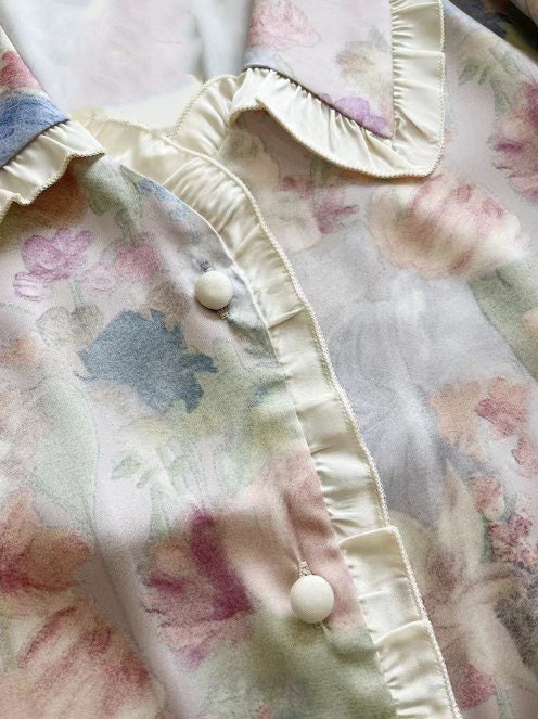 Floral Silk Pyjamas with Bow Eye Mask - Long Sleeve Oil Painting Style Ice Silk Pyjamas - Birthday Gift for Women Summer Pyjamas