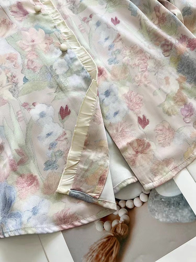 Floral Silk Pyjamas with Bow Eye Mask - Long Sleeve Oil Painting Style Ice Silk Pyjamas - Birthday Gift for Women Summer Pyjamas