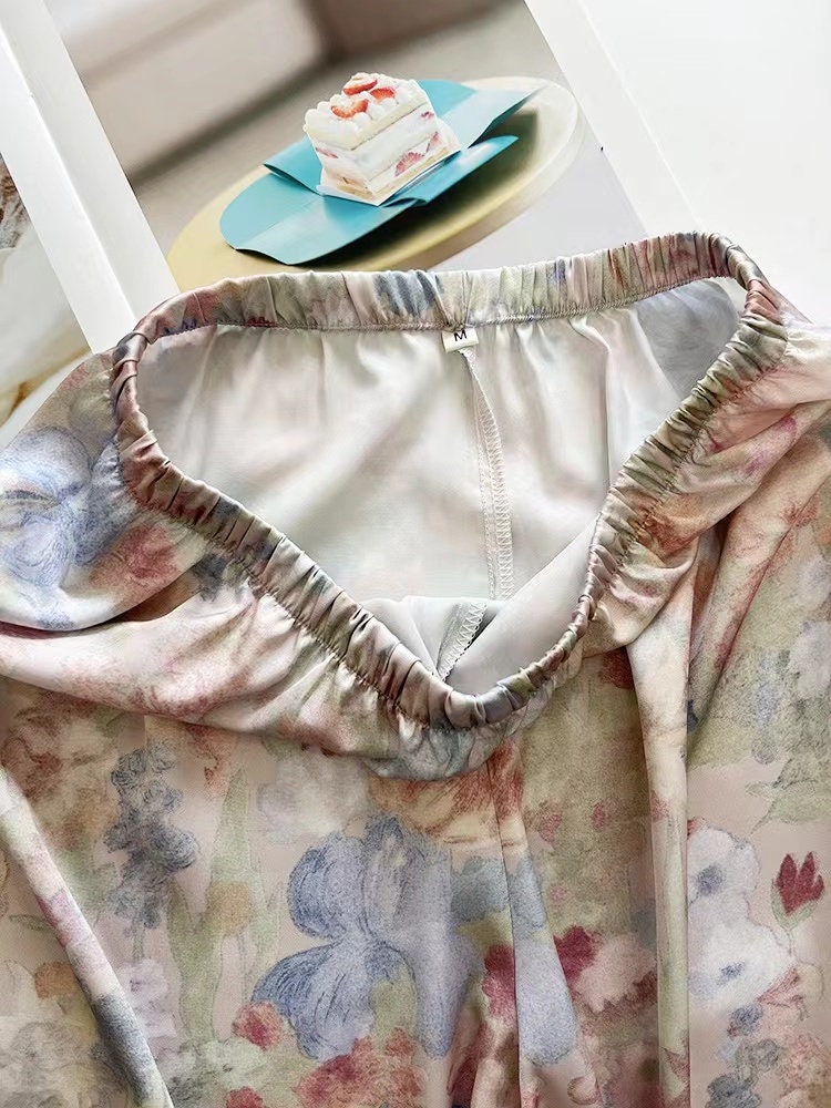 Floral Silk Pyjamas with Bow Eye Mask - Long Sleeve Oil Painting Style Ice Silk Pyjamas - Birthday Gift for Women Summer Pyjamas