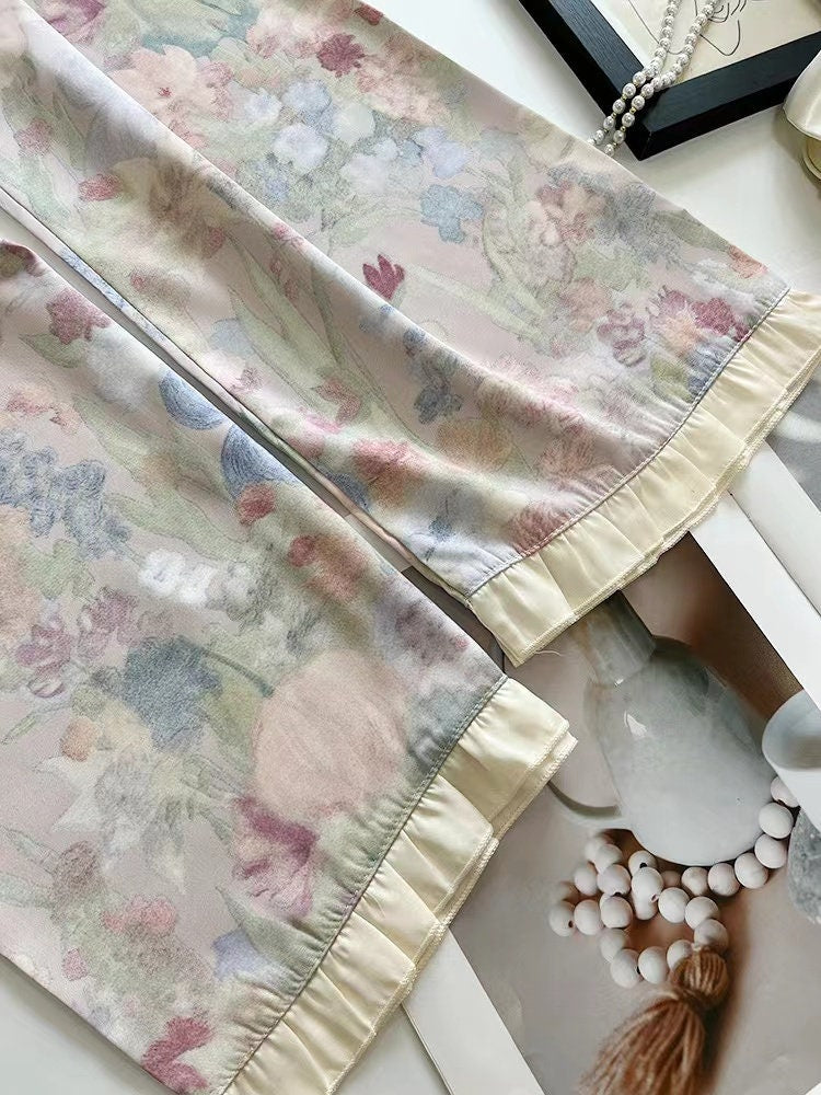 Floral Silk Pyjamas with Bow Eye Mask - Long Sleeve Oil Painting Style Ice Silk Pyjamas - Birthday Gift for Women Summer Pyjamas