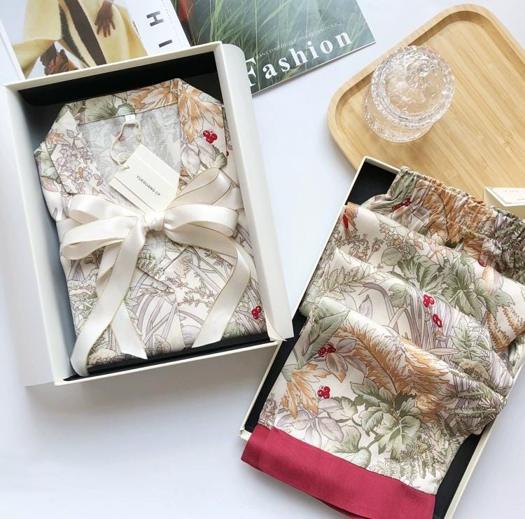 Luxury Satin Silk Pajama Set: Floral Long Sleeve Sleepwear, Christmas Party Pyjamas