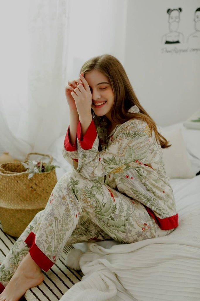 Luxury Satin Silk Pajama Set: Floral Long Sleeve Sleepwear, Christmas Party Pyjamas