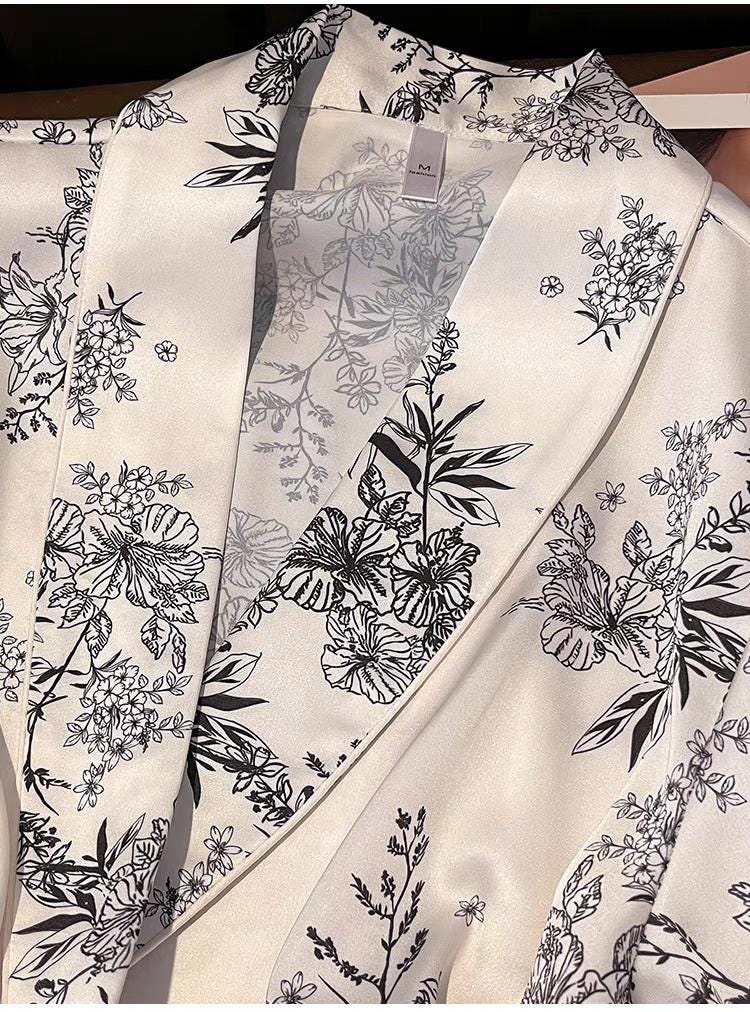 Silky Kimono Wrap Pajama Set: Floral Loungewear with Lace