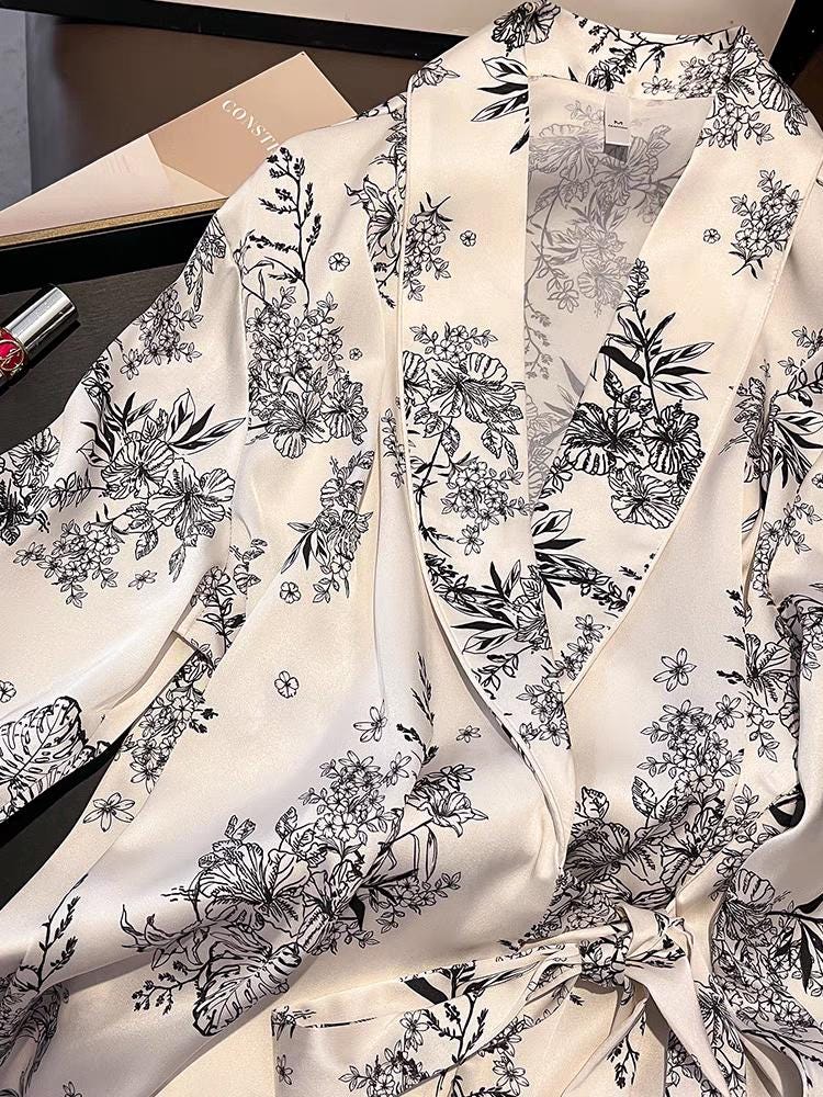 Silky Kimono Wrap Pajama Set: Floral Loungewear with Lace