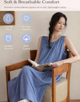 Lian Loungewear bamboo cotton loungewear dress and pants set displayed on a model, comfortable and stylish lounge outfit.