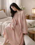 Lian Loungewear gauze cotton pajamas set featuring a soft, breathable maxi dress with a relaxed fit and comfortable fabric.