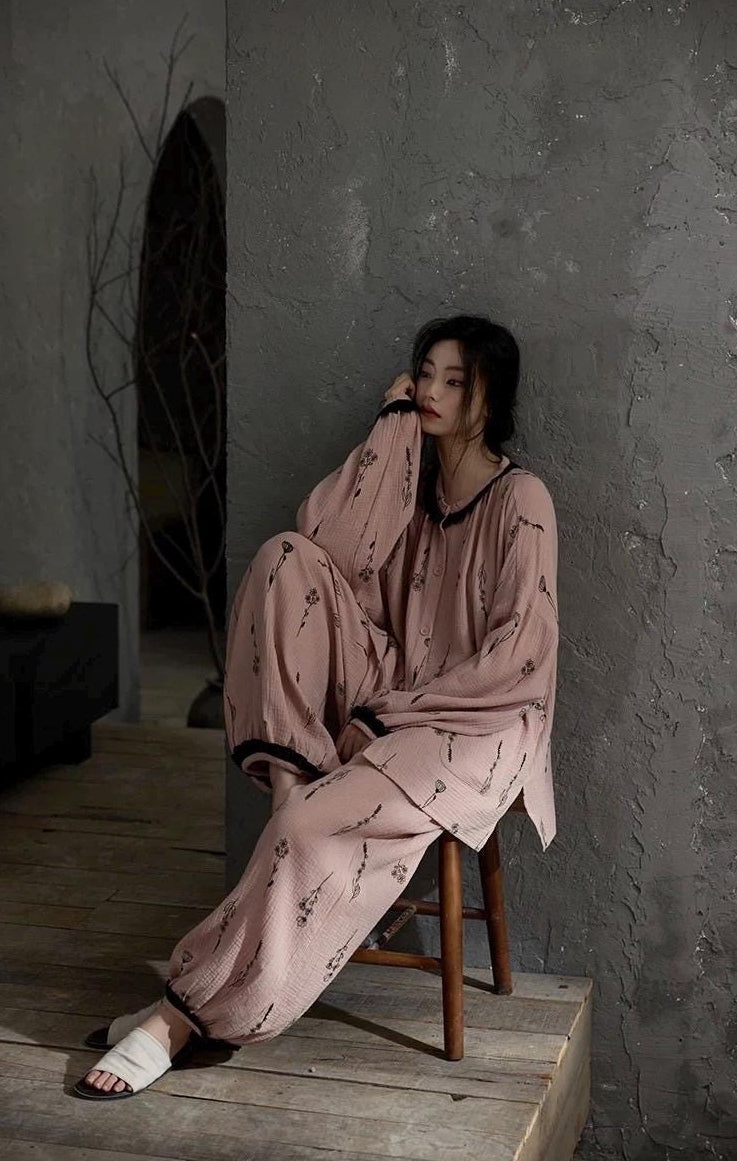 Pink gauze cotton pajama set for women by Lian Loungewear, featuring a relaxed fit and soft, breathable fabric.