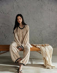 Pink gauze cotton pajama set for women by Lian Loungewear, featuring a comfortable relaxed fit and soft fabric.