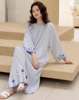 Baby blue gauze cotton dressing gown for women, loose fit nightwear with 3/4 sleeves by Lian Loungewear.
