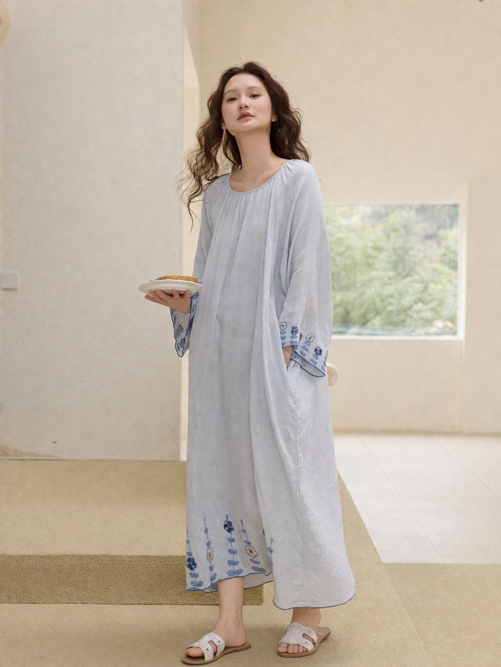 Baby blue gauze cotton dressing gown for women with 3/4 sleeves, loose fit, comfortable nightwear from Lian Loungewear