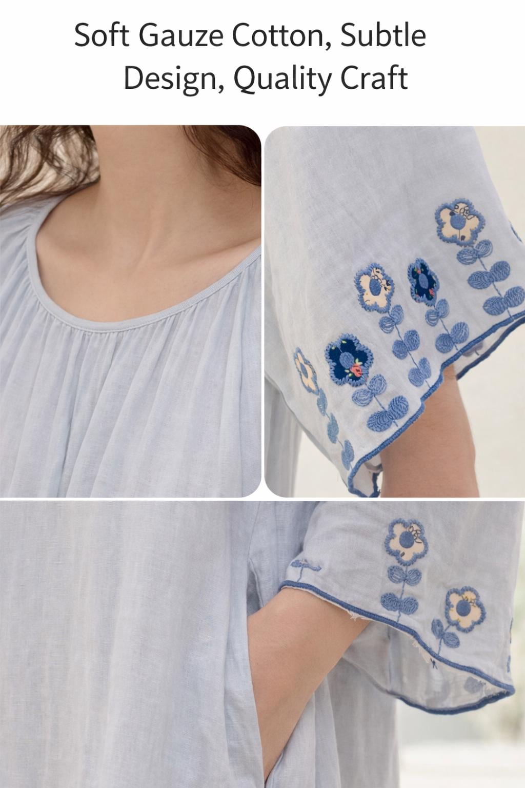 Baby blue gauze cotton dressing gown for women with 3/4 sleeves, loose fit nightwear from Lian Loungewear.