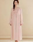 Lian Loungewear bamboo cotton embroidered pajama dress with delicate floral embroidery, soft fabric, and relaxed fit.