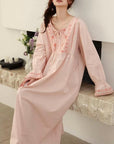 Lian Loungewear bamboo cotton embroidered pajama dress with floral embroidery, soft and comfortable sleepwear for women.