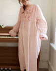 Lian Loungewear bamboo cotton embroidered pajama dress with floral embroidery, soft and comfortable for relaxed wear.
