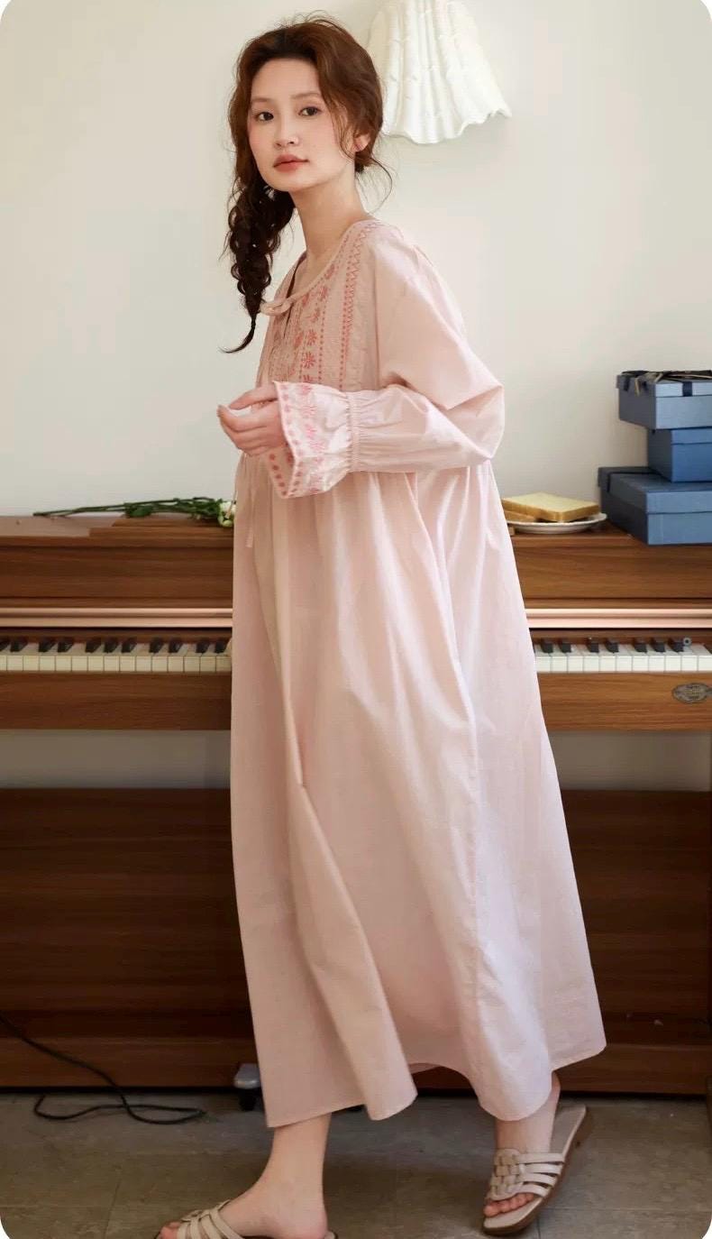 Lian Loungewear bamboo cotton embroidered pajama dress with floral details, soft fabric, and relaxed fit for comfortable lounging.