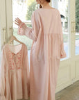 Lian Loungewear bamboo cotton embroidered pajama dress with floral embroidery, soft and comfortable for relaxed wear.