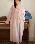 Lian Loungewear bamboo cotton embroidered pajama dress featuring floral embroidery and a relaxed fit, ideal for comfortable lounging.