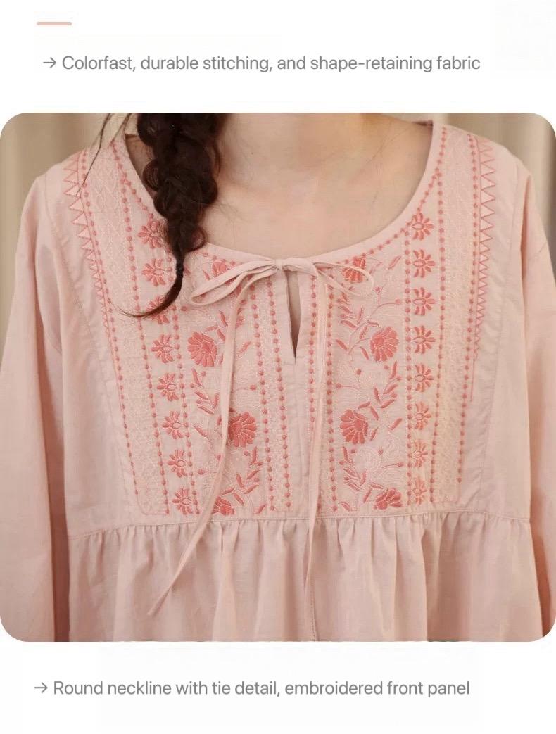 Lian Loungewear bamboo cotton embroidered pajama dress with floral patterns, soft fabric, and relaxed fit.