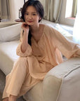 Lian Loungewear bamboo cotton pajama set with long and short pants in beige, soft and comfortable sleepwear for women.