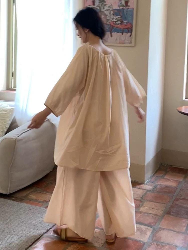 Lian Loungewear bamboo cotton pajama set with long and short pants in beige, comfortable loungewear for relaxing or sleeping.