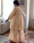 Lian Loungewear bamboo cotton pajama set with long and short pants in beige, comfortable loungewear for relaxing or sleeping.