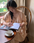 Lian Loungewear bamboo cotton pajama set with long and short pants in beige, soft and comfortable sleepwear for relaxing nights.