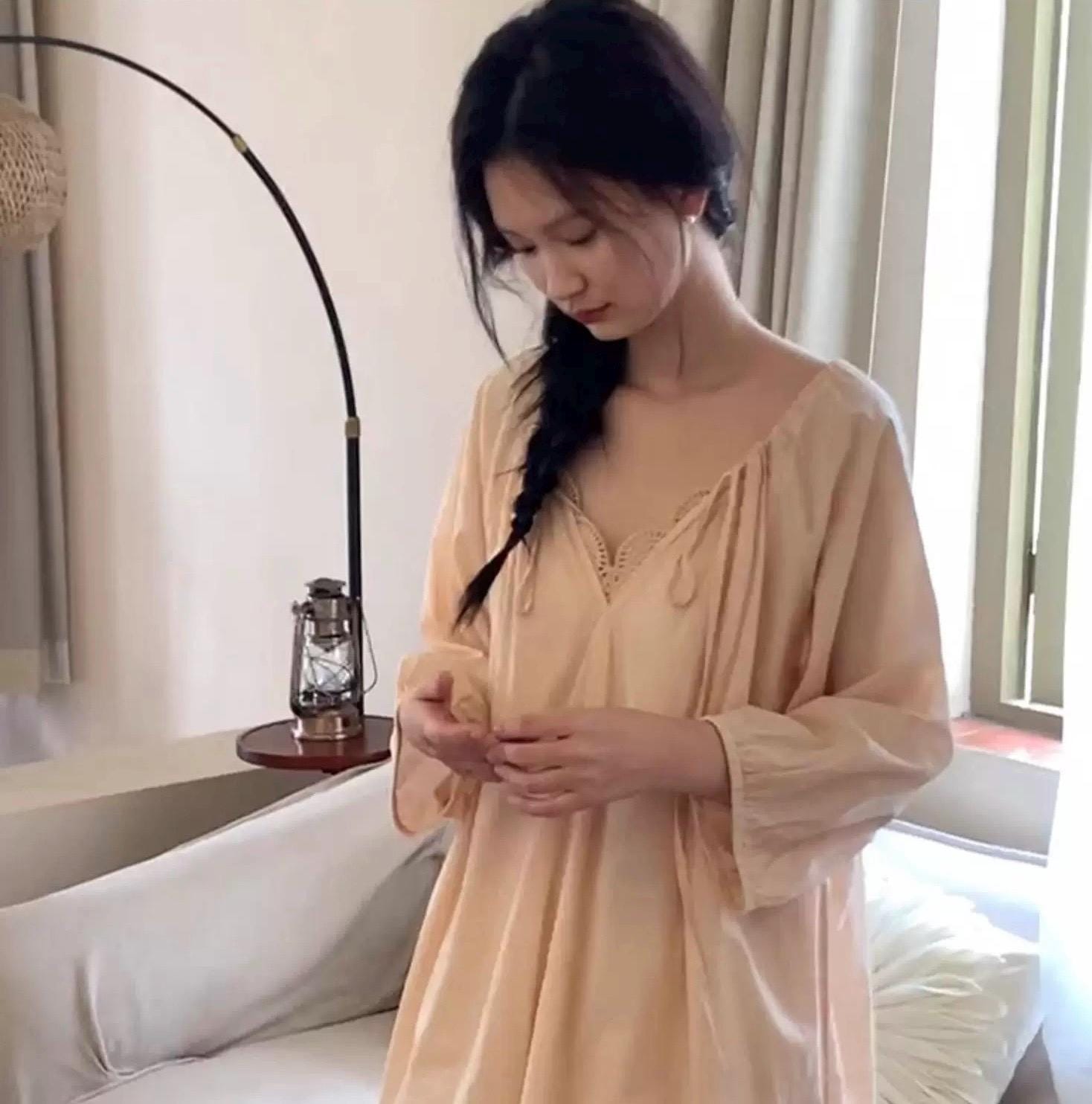 Lian Loungewear bamboo cotton pajama set with long and short pants, beige, soft and comfortable sleepwear for women.