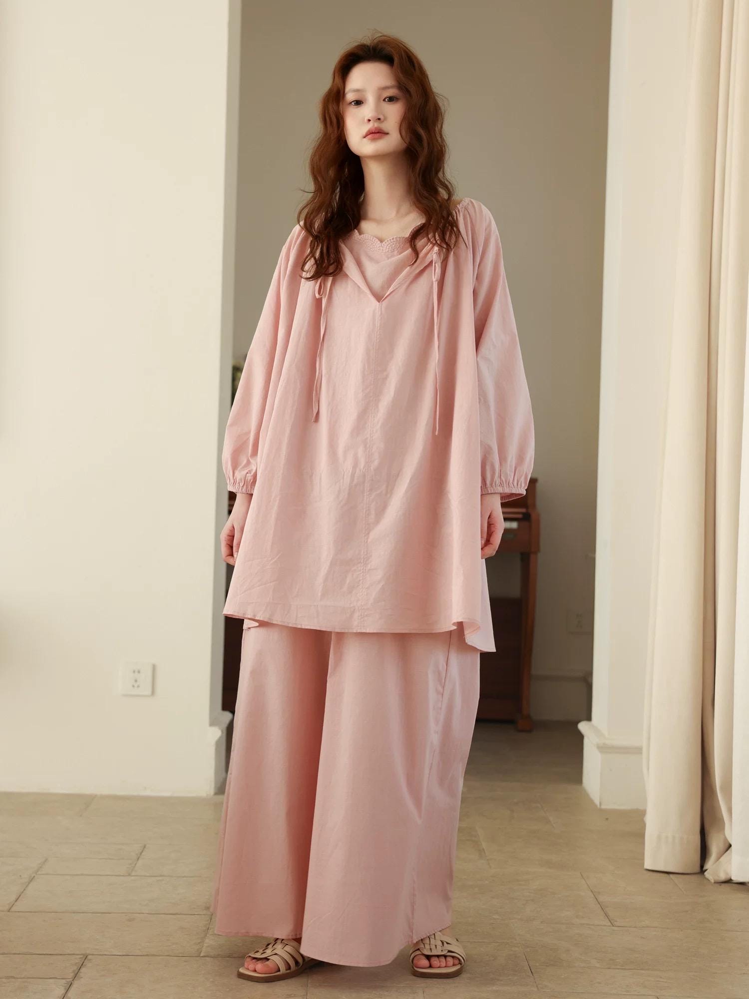 Lian Loungewear bamboo cotton pajama set with long and short pants in beige, soft and comfortable sleepwear for women.
