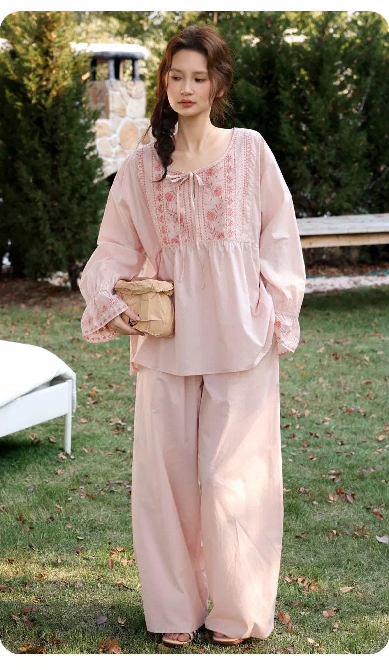 Pink bamboo slub cotton pajama dress by Lian Loungewear, soft and comfortable sleepwear with a relaxed fit and casual style.