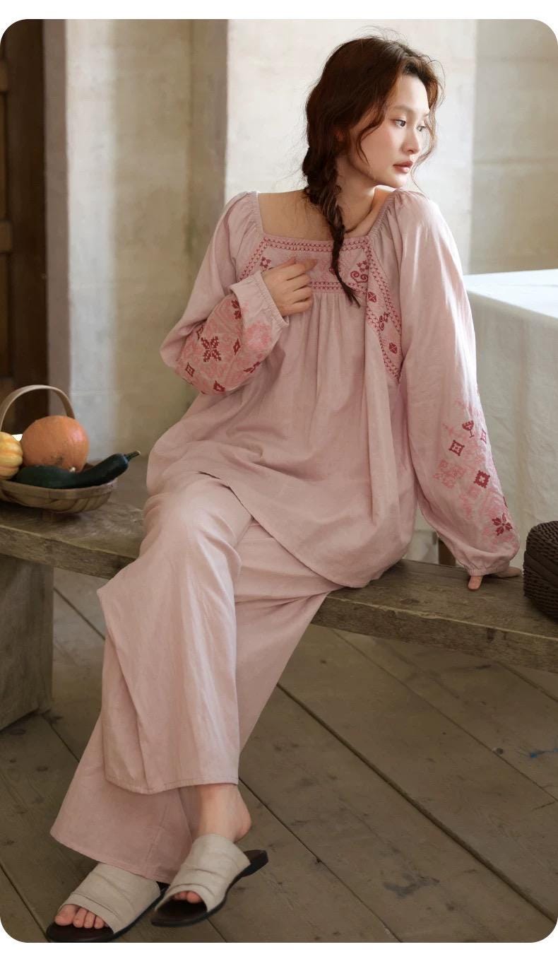 Pink bamboo slub cotton pajama dress by Lian Loungewear, soft and comfortable sleepwear with a relaxed fit.