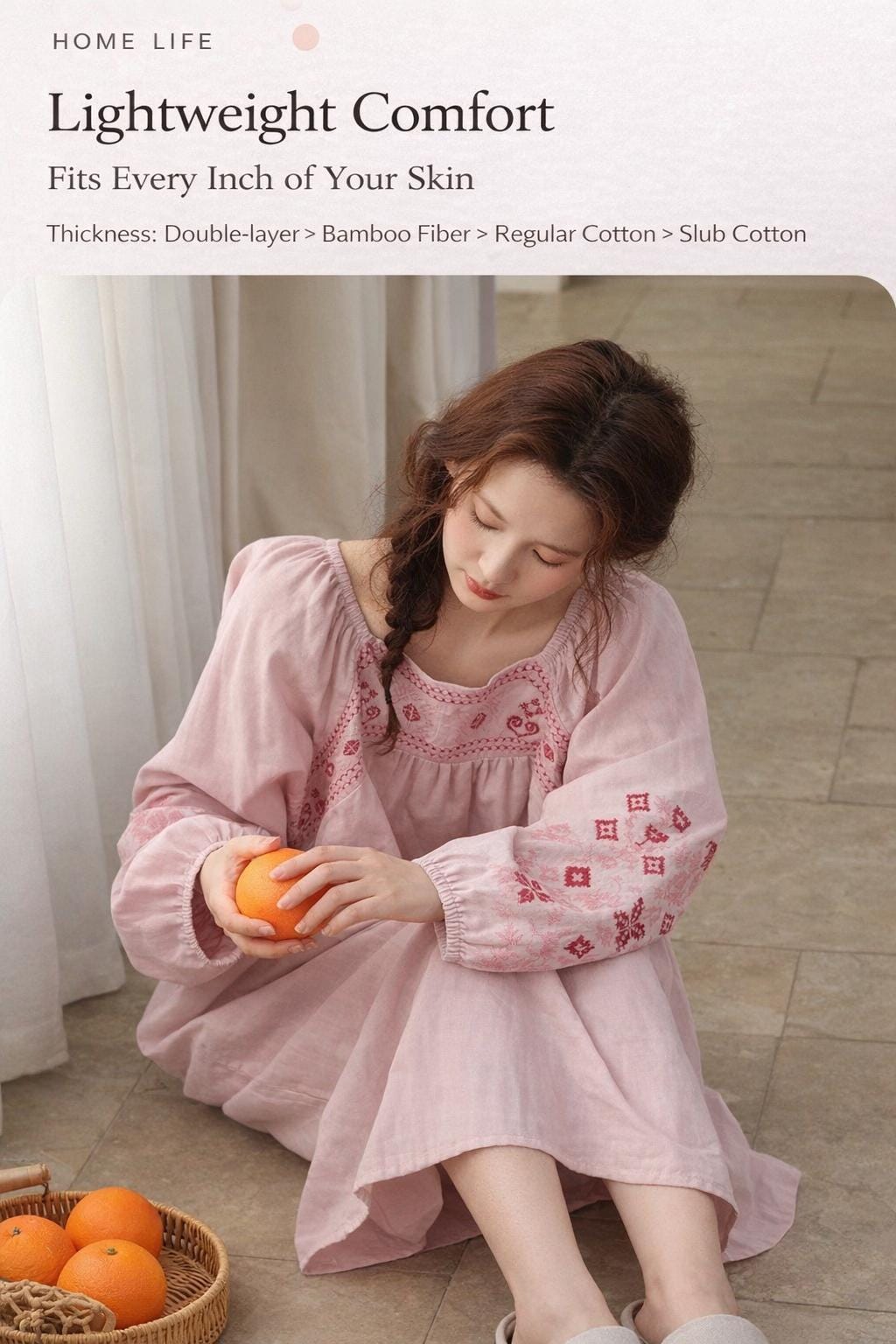 Pink bamboo slub cotton pajama dress by Lian Loungewear, soft and comfortable loungewear with relaxed fit and casual style.