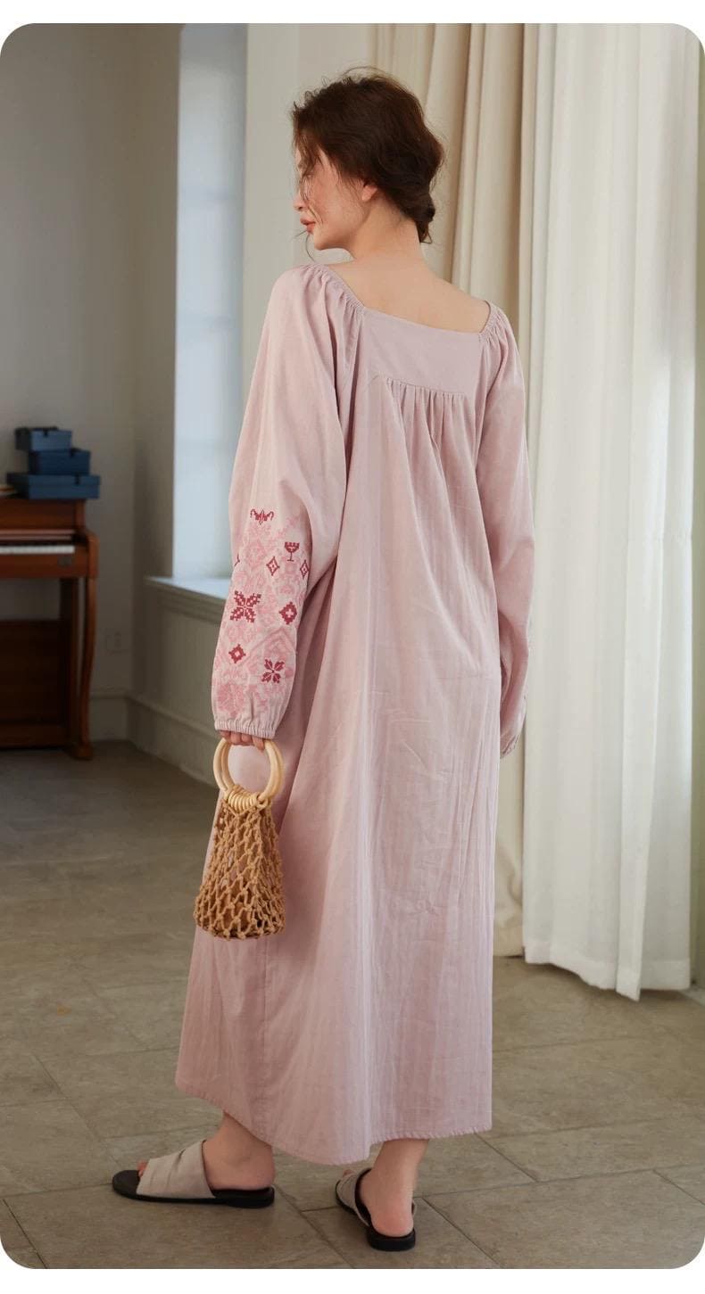 Pink bamboo slub cotton pajama dress from Lian Loungewear, featuring a comfortable, relaxed fit perfect for loungewear or sleepwear.
