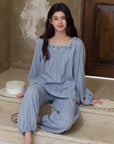 Embroidered cotton jacquard pajamas from Lian Loungewear, featuring intricate embroidery and comfortable relaxed fit.