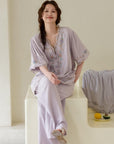 Lian Loungewear bamboo cotton women’s loungewear set with short top, long pants, breathable fabric, embroidered details.