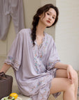 Lian Loungewear bamboo cotton women’s loungewear set with short top, long pants, breathable fabric, and embroidered details