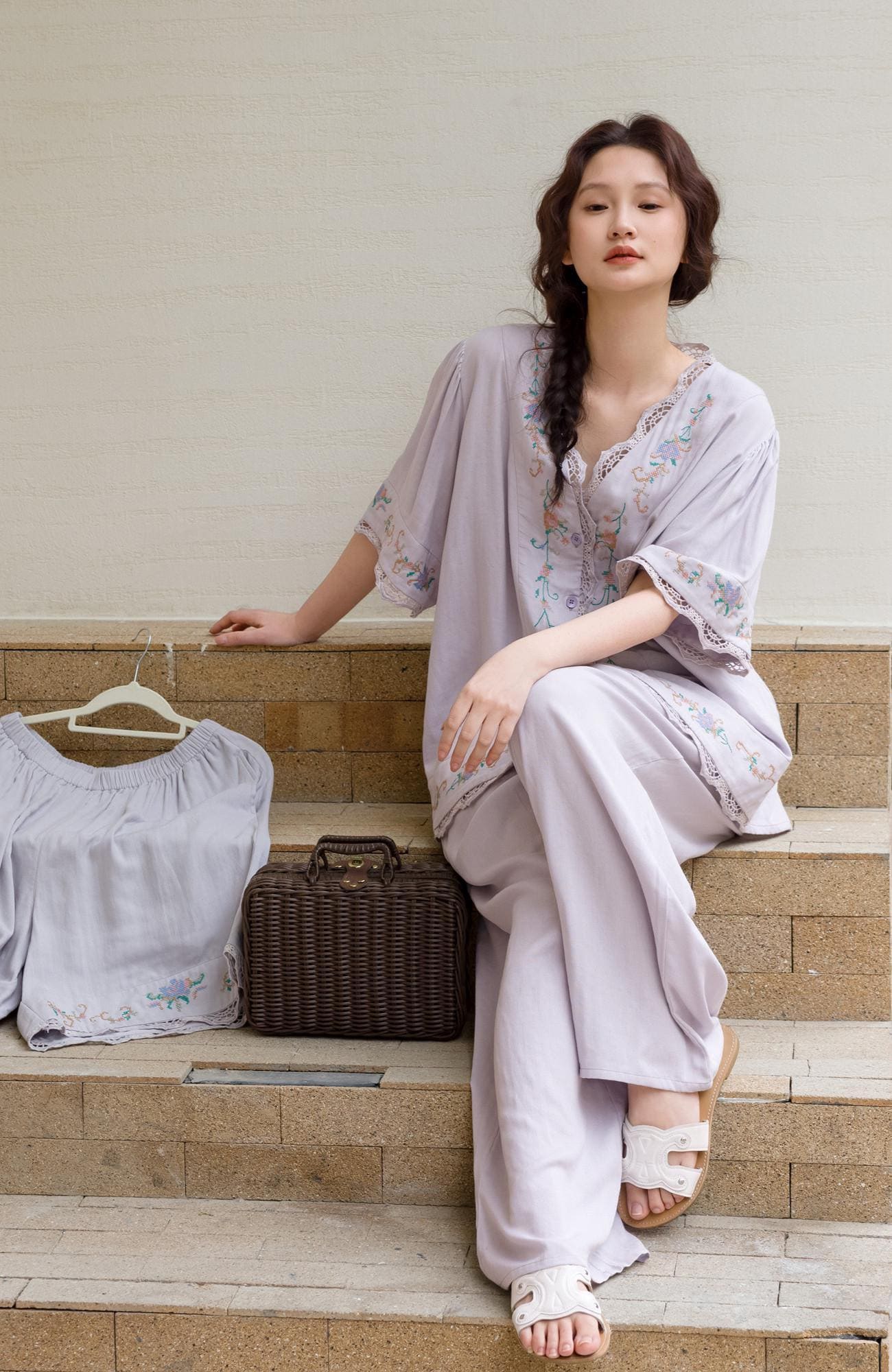 Lian Loungewear bamboo cotton women’s loungewear set with embroidered short top and long pants, breathable and comfortable.