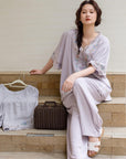 Lian Loungewear bamboo cotton women’s loungewear set with embroidered short top and long pants, breathable and comfortable.