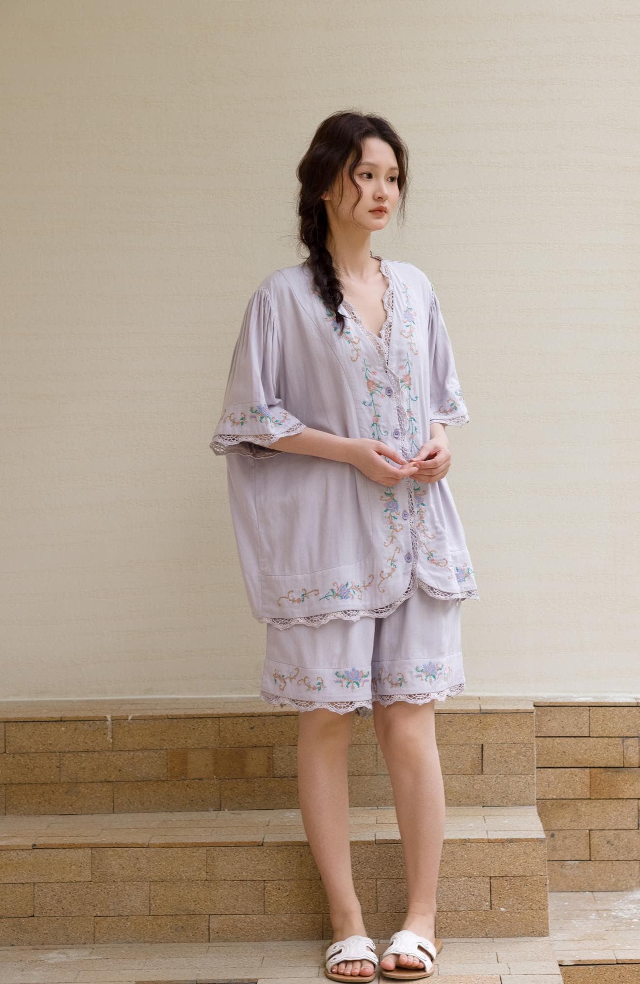 Lian Loungewear bamboo cotton women's loungewear set with short top and long pants, breathable embroidered pyjama ensemble.