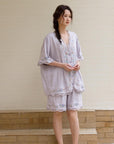 Lian Loungewear bamboo cotton women's loungewear set with short top and long pants, breathable embroidered pyjama ensemble.
